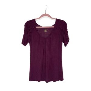 JENNIFER LOPEZ Eggplant V-Neck Short Sleeve Top with Shoulder Ruching S